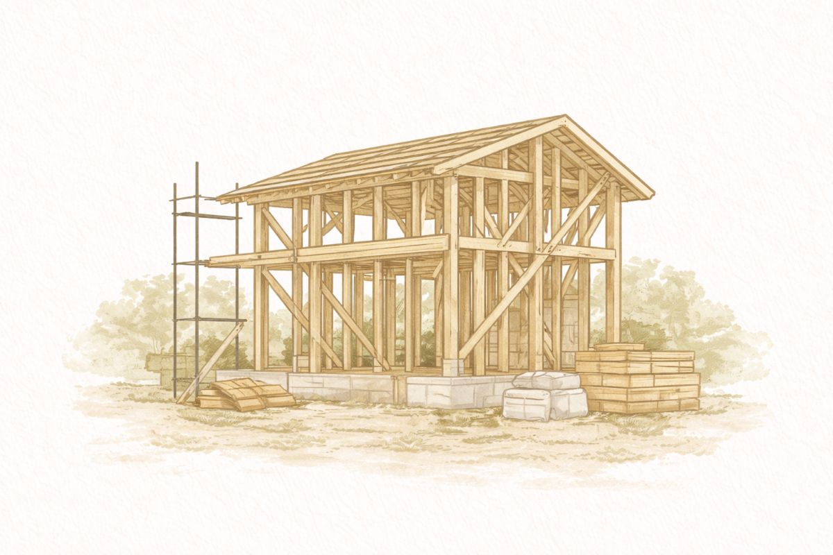 丁寧な施工の過程を表現した家づくりのイラスト