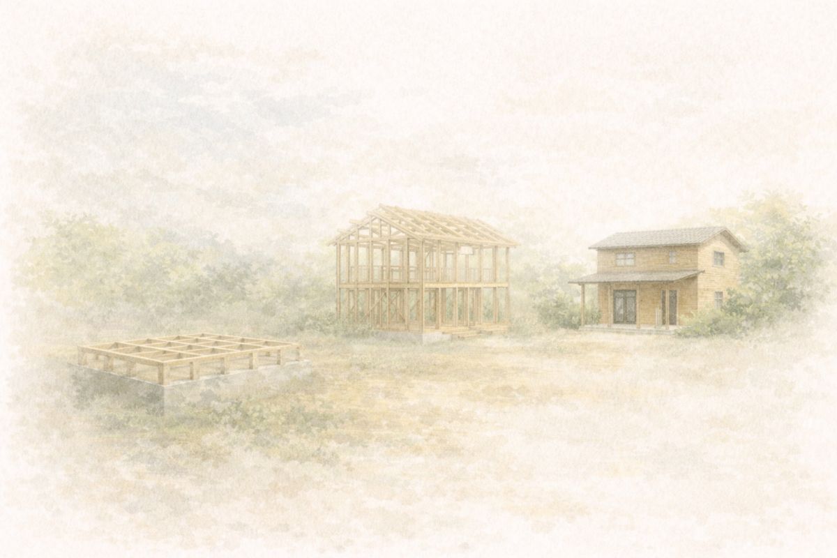 家が少しずつ完成していく過程を表した水彩イラスト