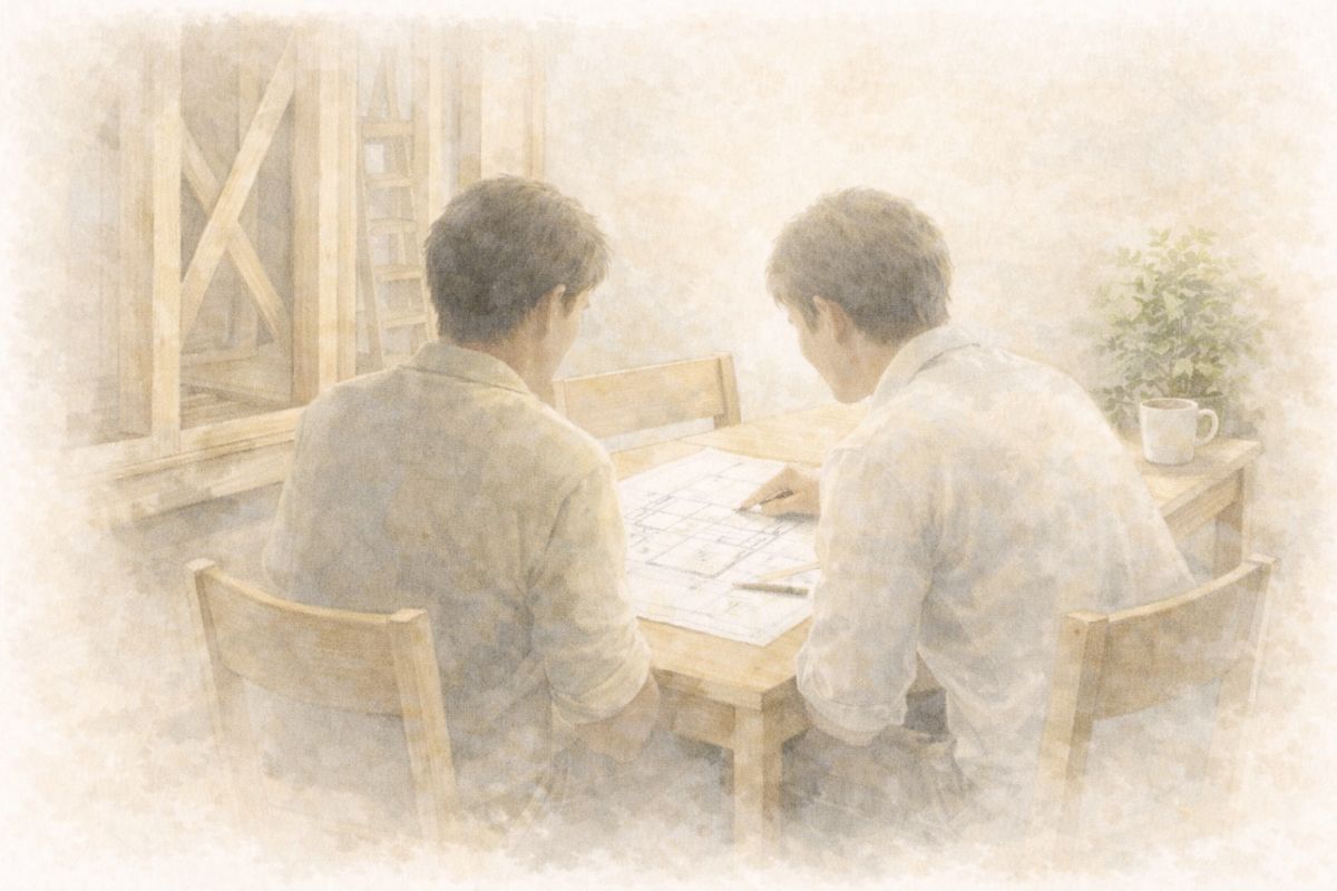 図面を見ながら対等に話し合う二人の様子を描いた水彩イラスト