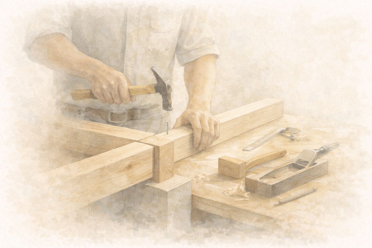 木材と道具を扱う職人の手元を描いた水彩イラスト