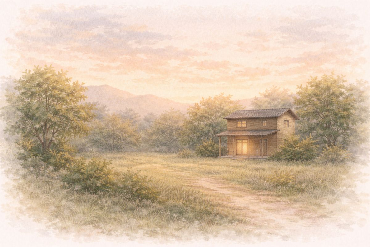 夕方の柔らかな光に包まれた住まいの風景の水彩イラスト