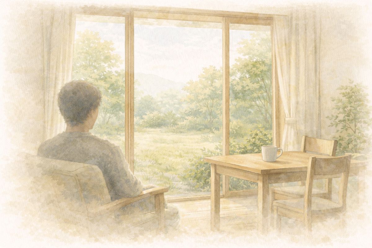 室内から外を眺める穏やかな暮らしの様子を描いた水彩イラスト