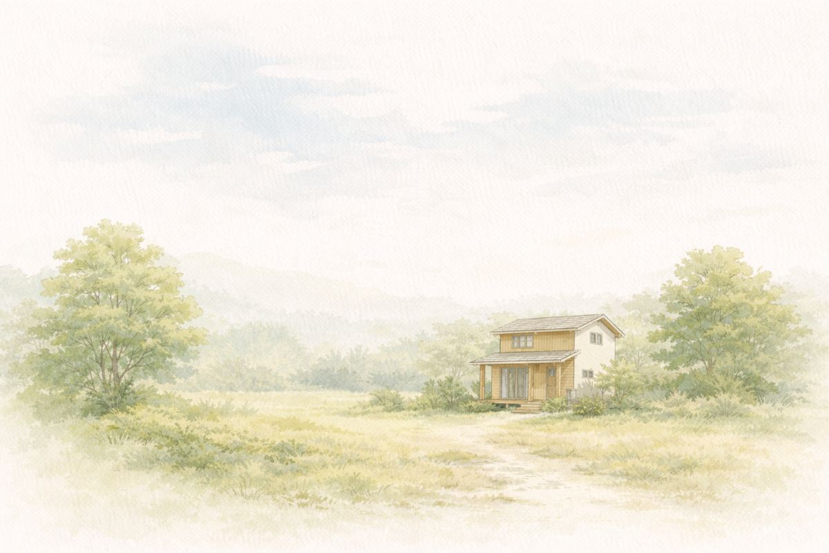 日本の郊外に静かに佇む木の家の水彩イラスト