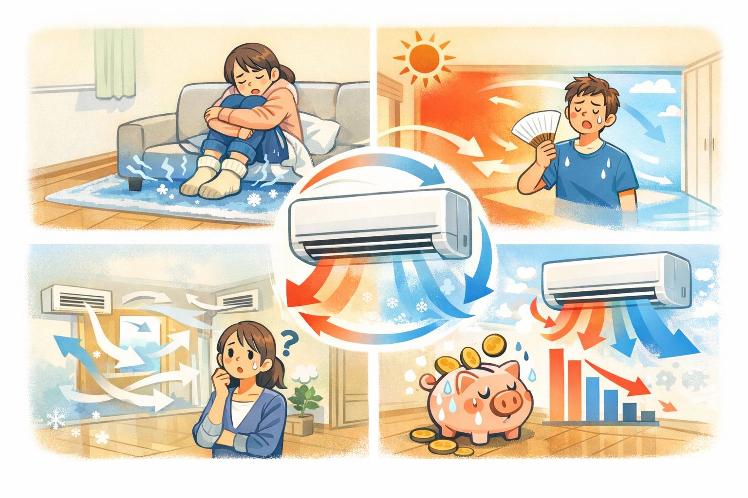 気密性能とエアコン効率の違いによる室内環境と光熱費のイメージ図