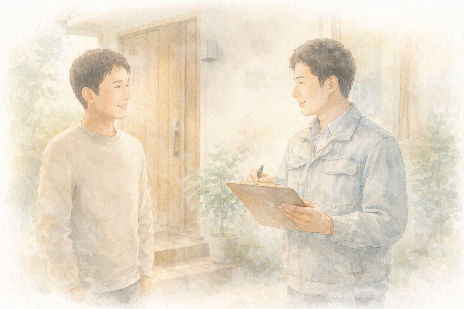 住宅の玄関前で点検を行う工務店スタッフと施主の水彩イラスト1