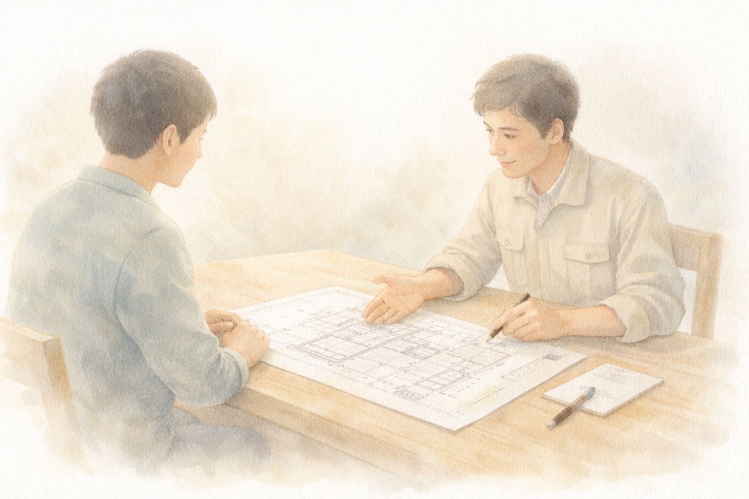 図面を囲んで穏やかに相談する施主と工務店の打合せ風景の水彩イラスト2