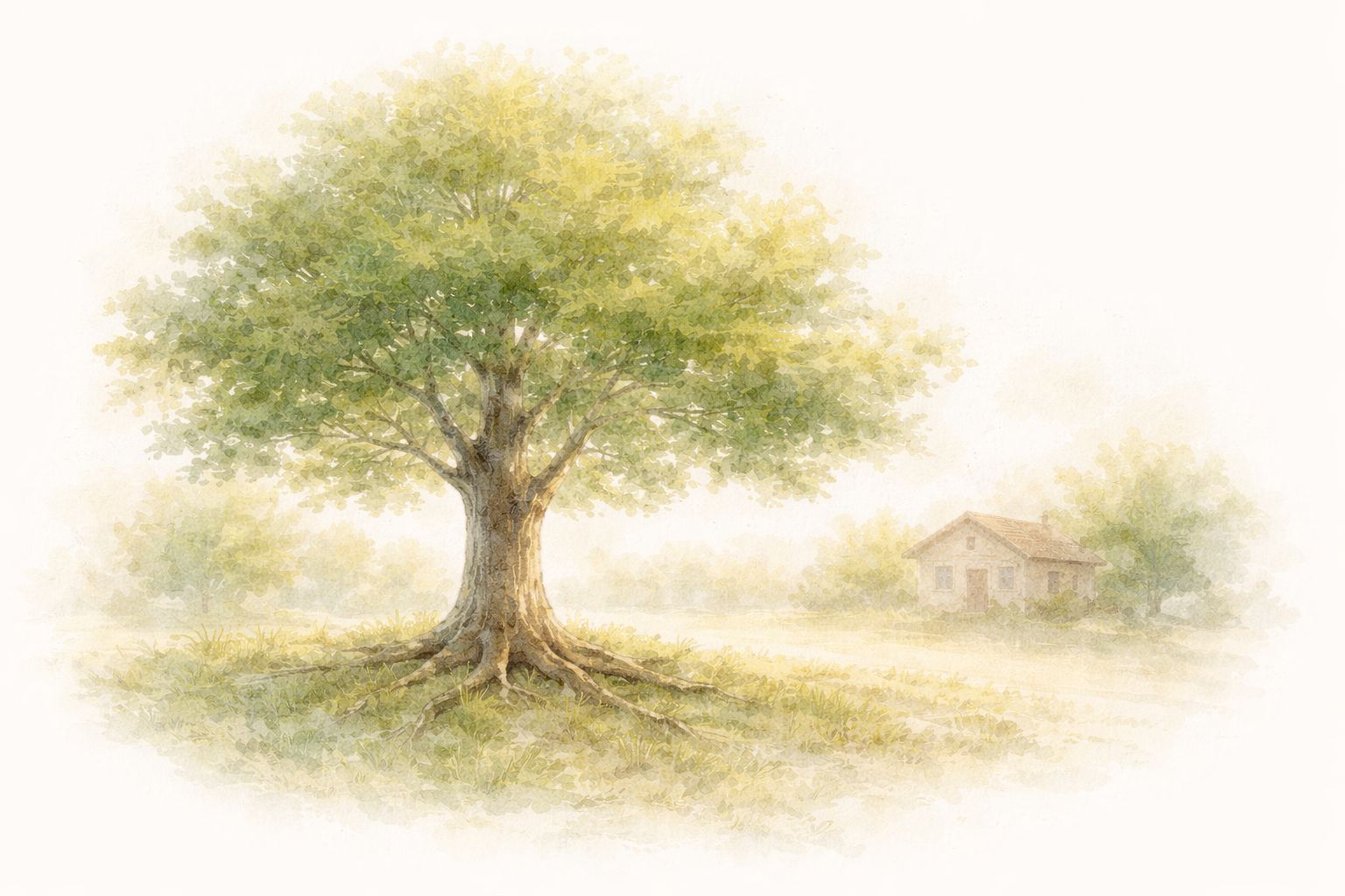 根を張る一本の木と小さな家を描いた地域に根ざす工務店の水彩イラスト1