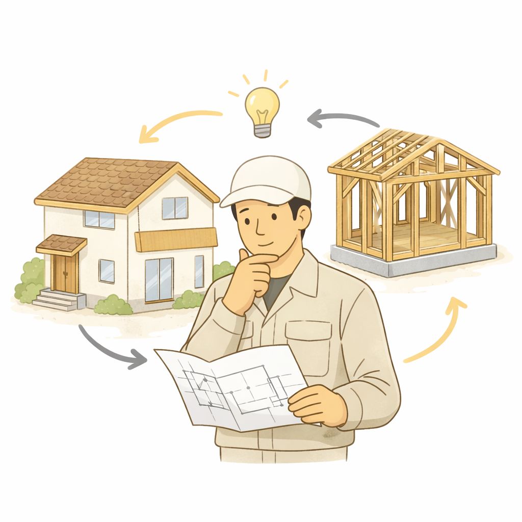 設計・施工・改善を繰り返しながら現場目線で家づくりを考える様子のイラスト