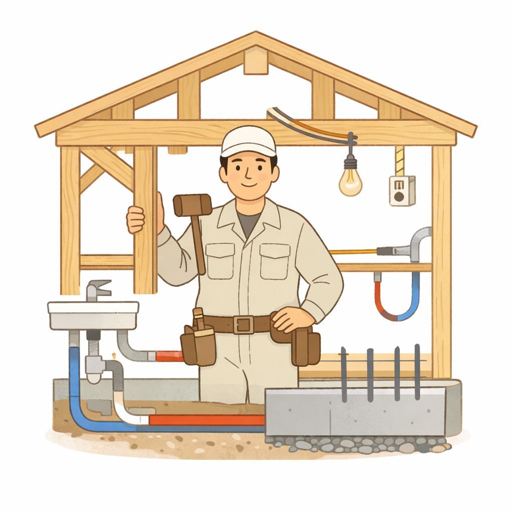 自社大工による木工事・電気工事・水道工事・基礎工事まで一貫して行う施工体制のイラスト