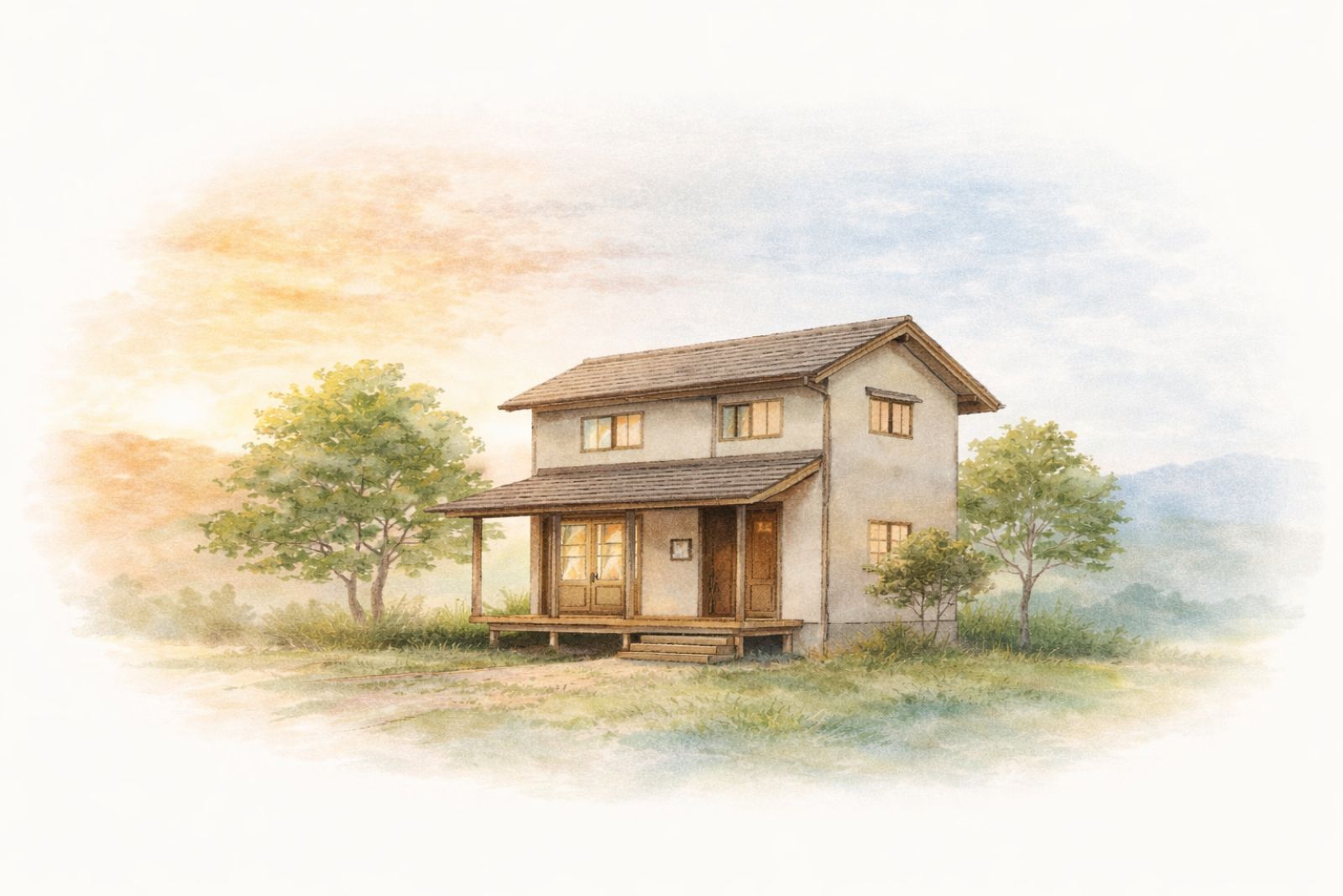 時間とともに育つ住まいを描いた、経営理念ページ用の住宅イラスト