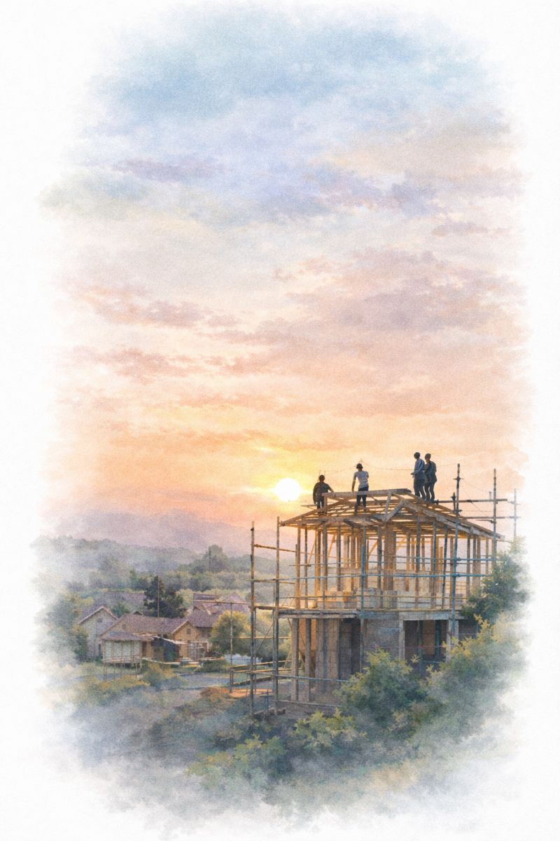夕暮れの中、木造住宅の骨組みの上で職人たちが作業する様子を描いた縦長の水彩イラスト