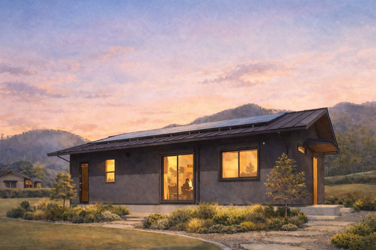 夕暮れの中、灯りのともった家で穏やかに暮らす家族の様子を描いたイラスト