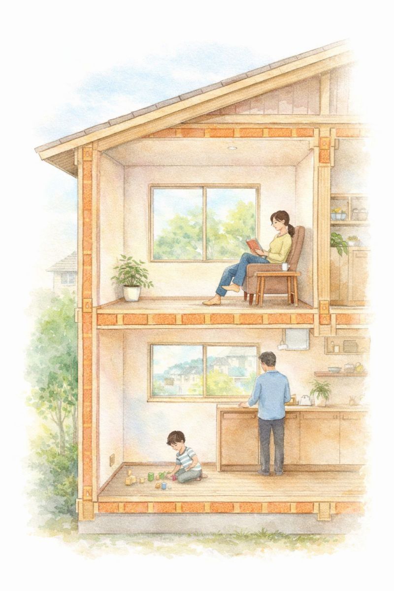 木の家の中で家族がそれぞれの時間を過ごし、穏やかで快適な暮らしが感じられる住まいのイラスト