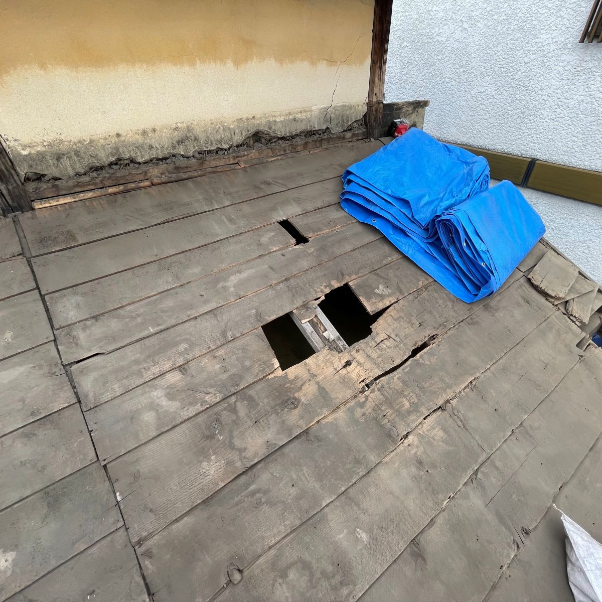腐食が進み穴が開いた屋根の野地板の状態