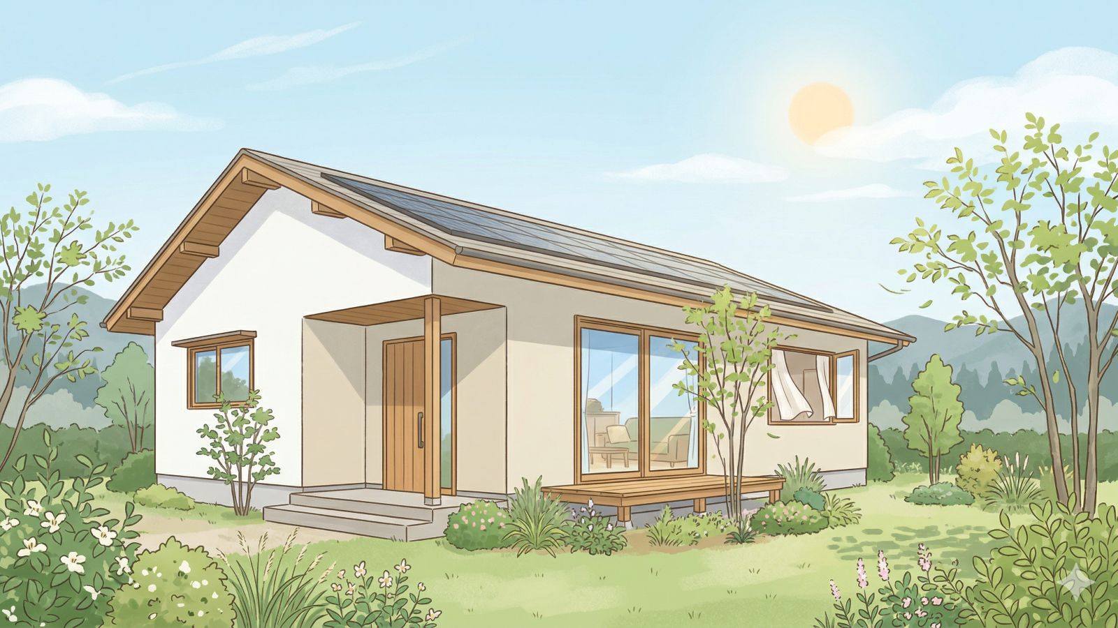 太陽光発電を備えた戸建住宅と緑のある庭を描いた、快適で持続可能な暮らしをイメージするイラスト
