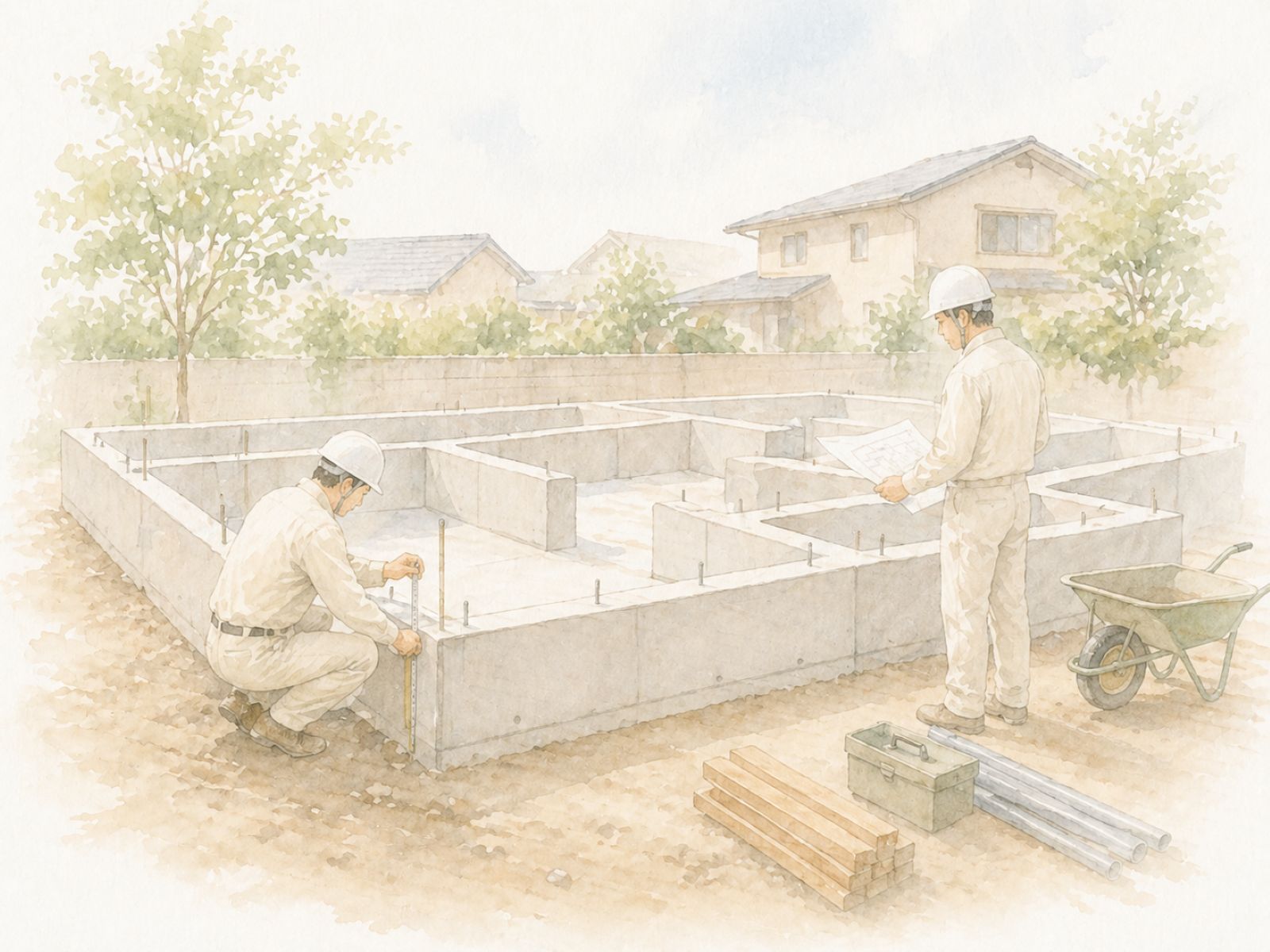 住宅の基礎工事で寸法と通りを確認している作業イメージ