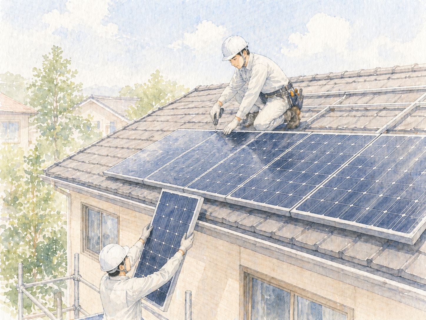 住宅の屋根に太陽光パネルを設置している施工の様子