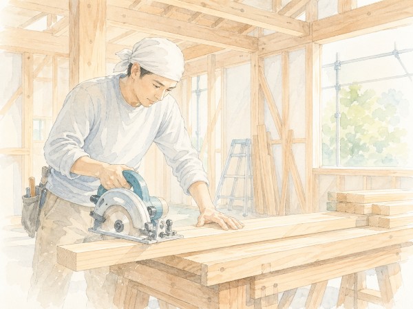 木造住宅の構造材を正確に加工する大工の作業イメージ