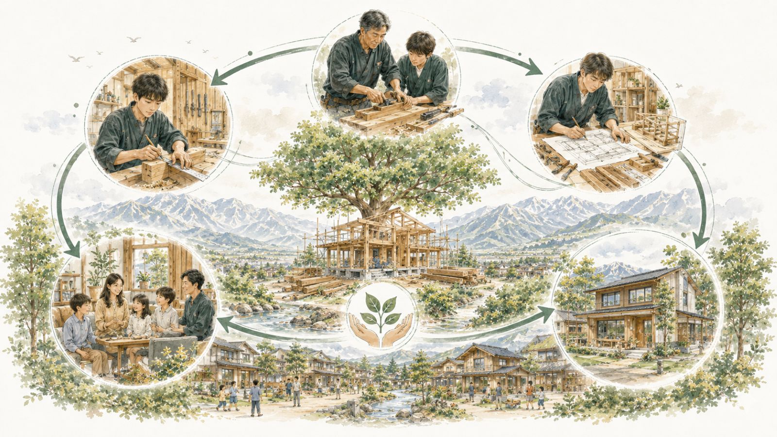 人が育ち、技術が磨かれ、良い住まいが生まれ、地域の暮らしを支える循環を表したイラスト