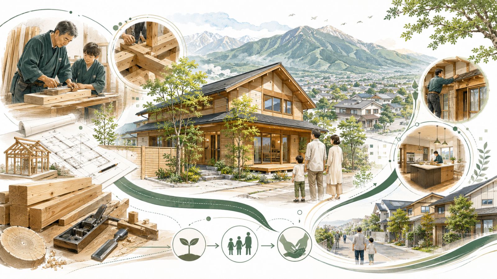 山梨の山並みと木の家、職人や家族の暮らしを描いた、山本建築工業が目指す未来のイメージイラスト