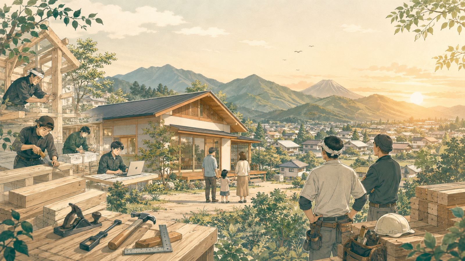 山梨の山並みと木の家、職人、家族の暮らしが穏やかにつながる地域工務店のメッセージイラスト