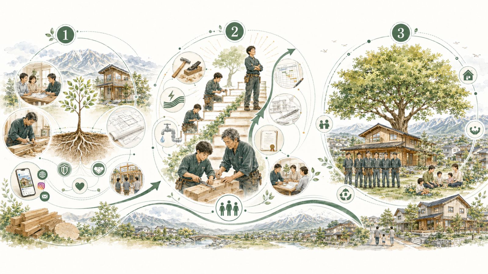 土台づくりから人と技術の育成、地域の暮らしを支える未来へ進む流れを表したロードマップイラスト