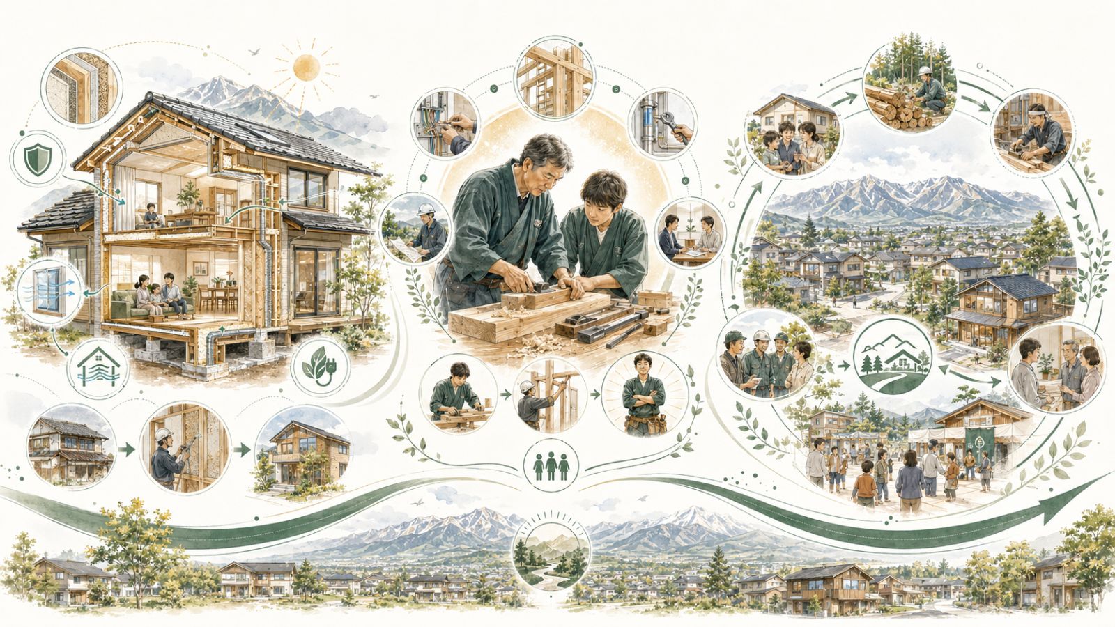 住まいの価値を高めること、人と技術を育てること、地域とともに歩むことを3つの図解で表したイラスト