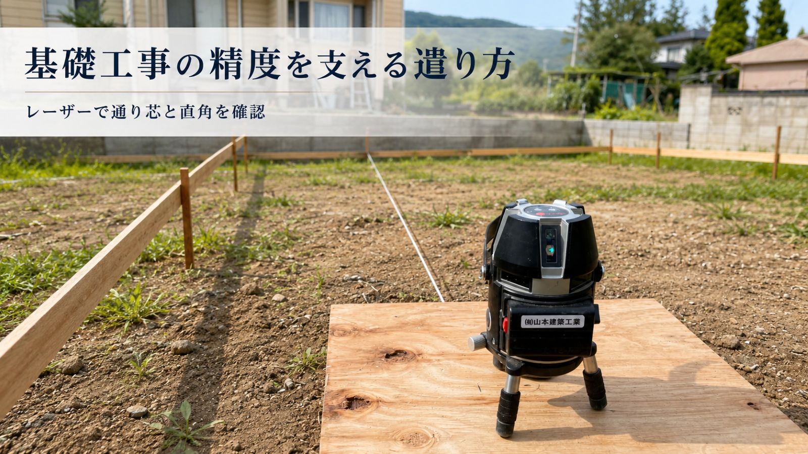 レーザーを使って新築住宅の遣り方を行い、通り芯と直角を確認している基礎工事の様子