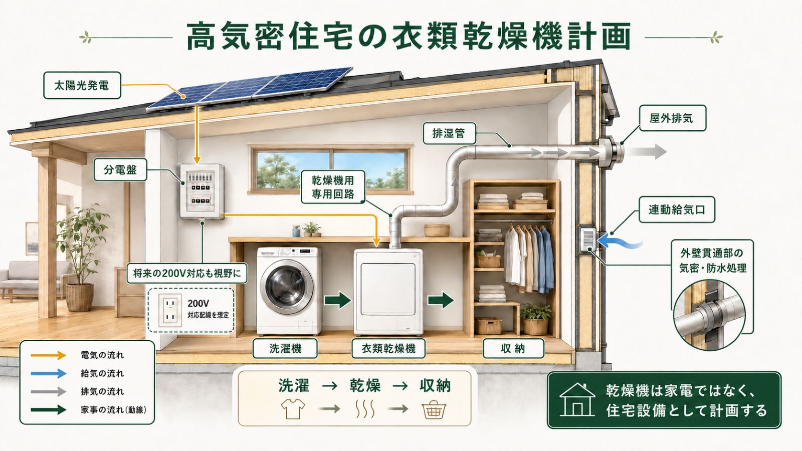 高気密住宅で衣類乾燥機を計画する際の排気・給気・専用回路・太陽光発電の図解