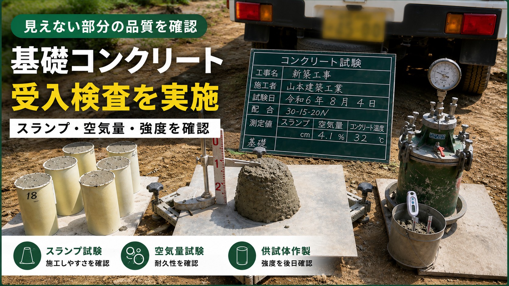 基礎コンクリートの受入検査でスランプ・空気量・圧縮強度試験用供試体を確認する様子