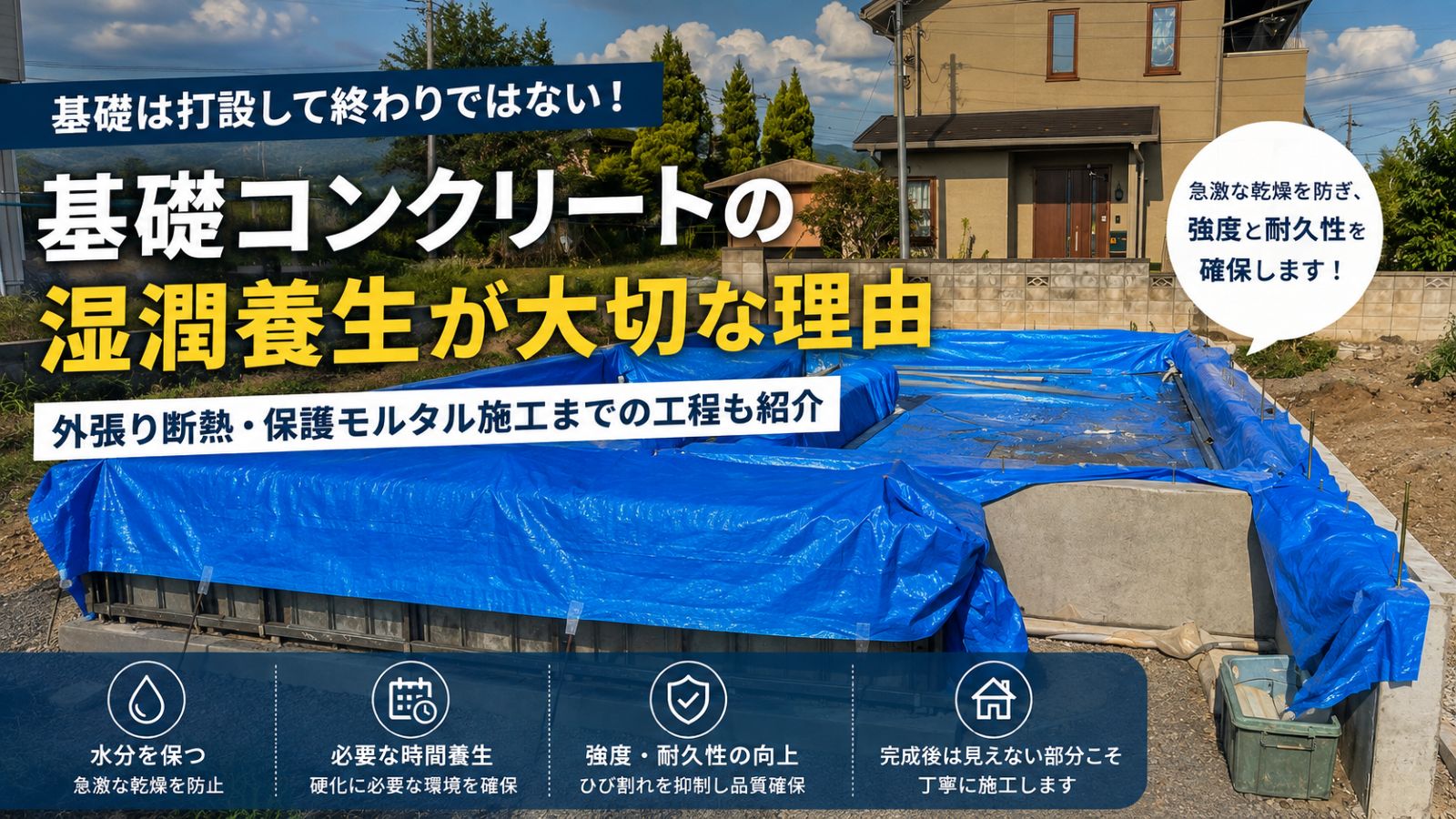 ブルーシートで基礎コンクリートを覆い湿潤養生している様子と、養生の重要性を伝えるアイキャッチ画像