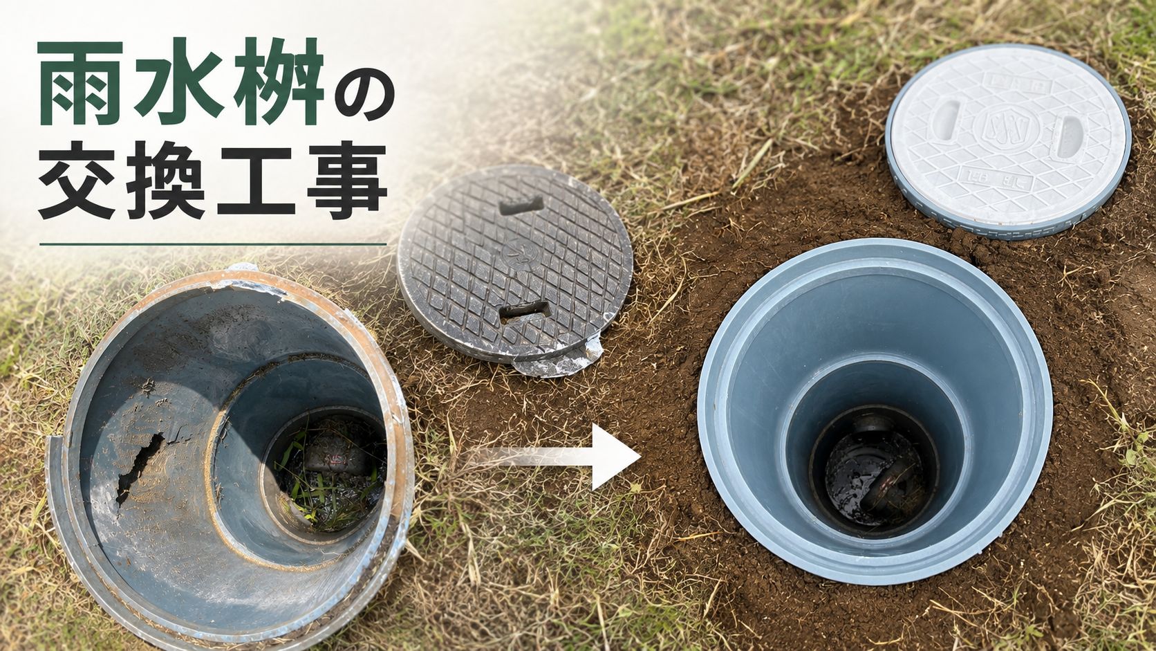 破損した雨水桝の交換前から修繕完了までの工程を紹介するアイキャッチ画像
