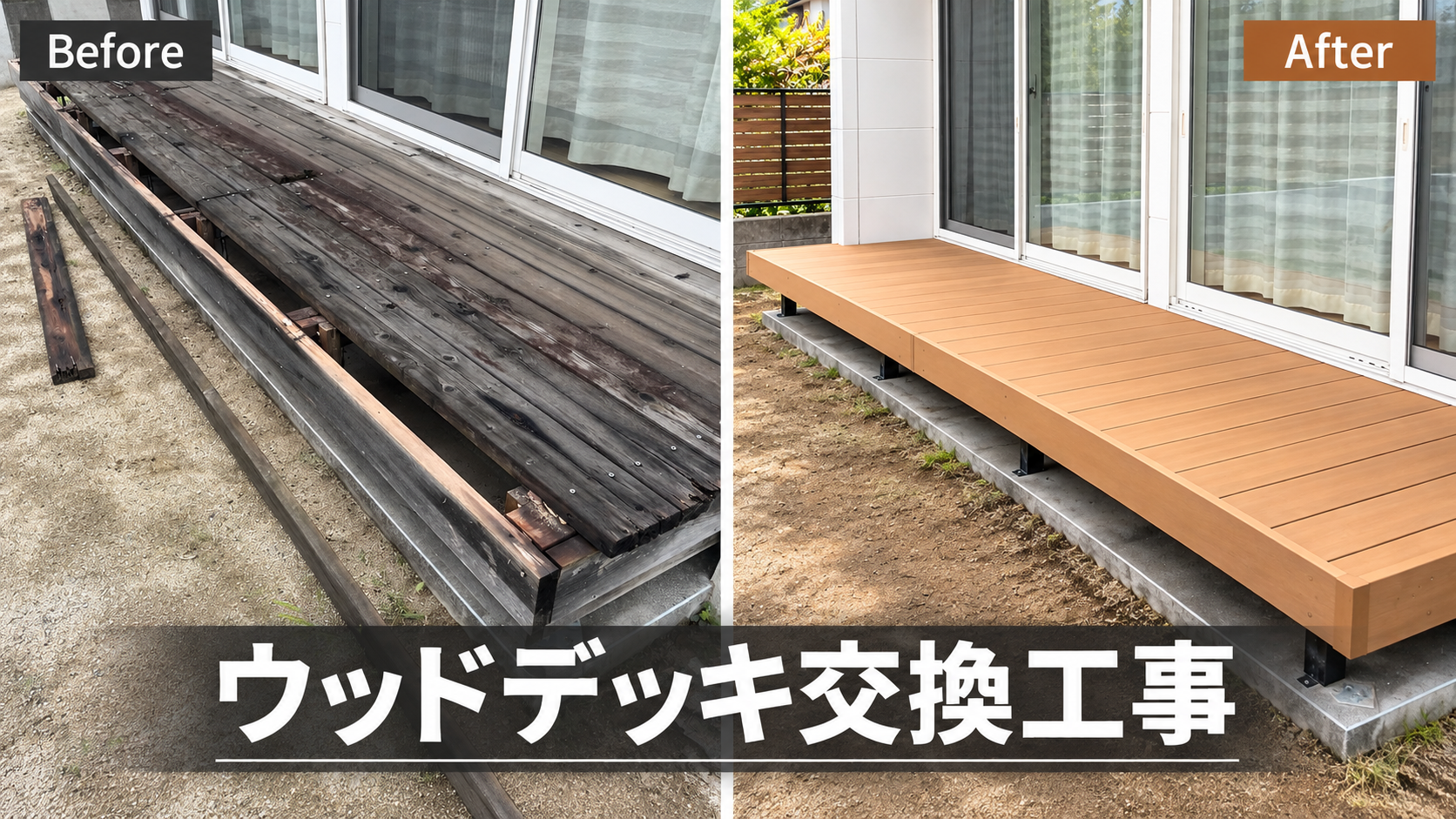 ウッドデッキ交換工事の施工前と施工後を比較したアイキャッチ画像