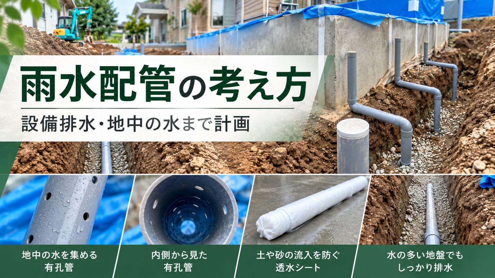 雨水配管の考え方として、設備排水や地中の水への対応、有孔管と透水シートの役割を示したアイキャッチ画像