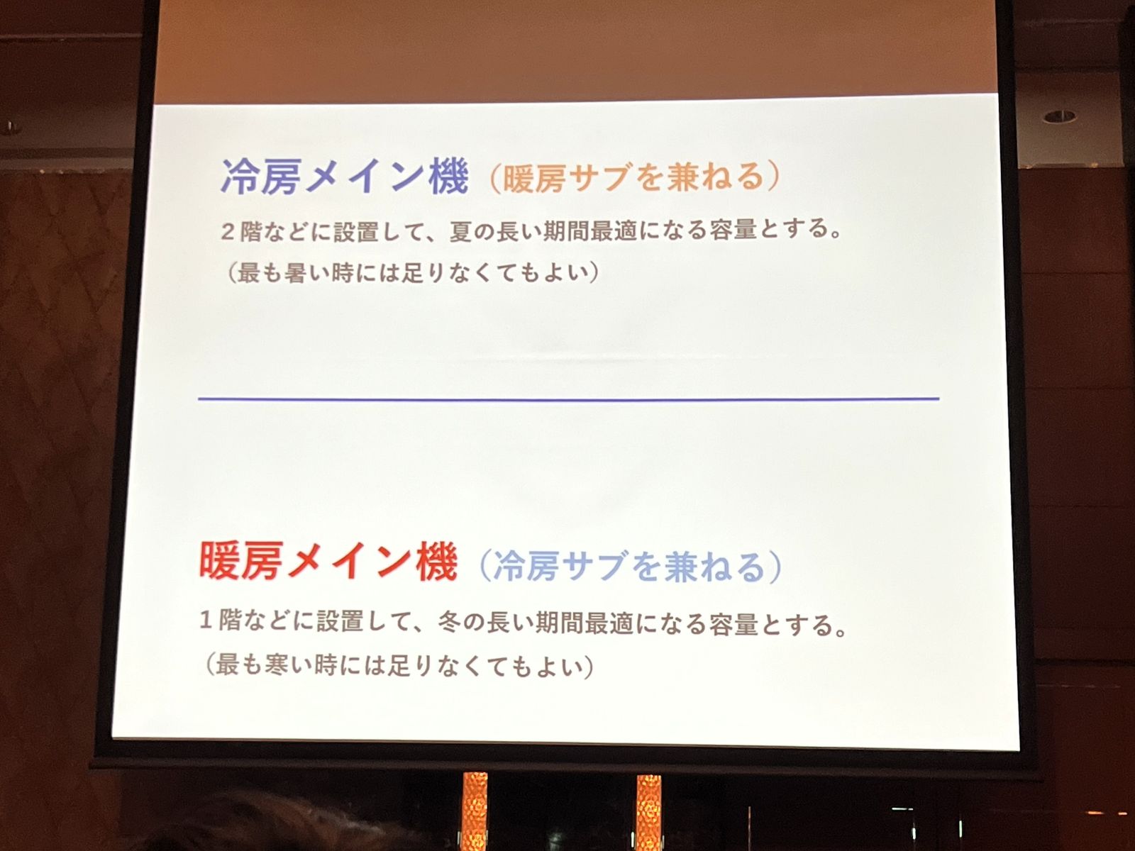 菊池さんの発表で二階を冷房、一階を暖房の主な役割とする構成を示すスライド