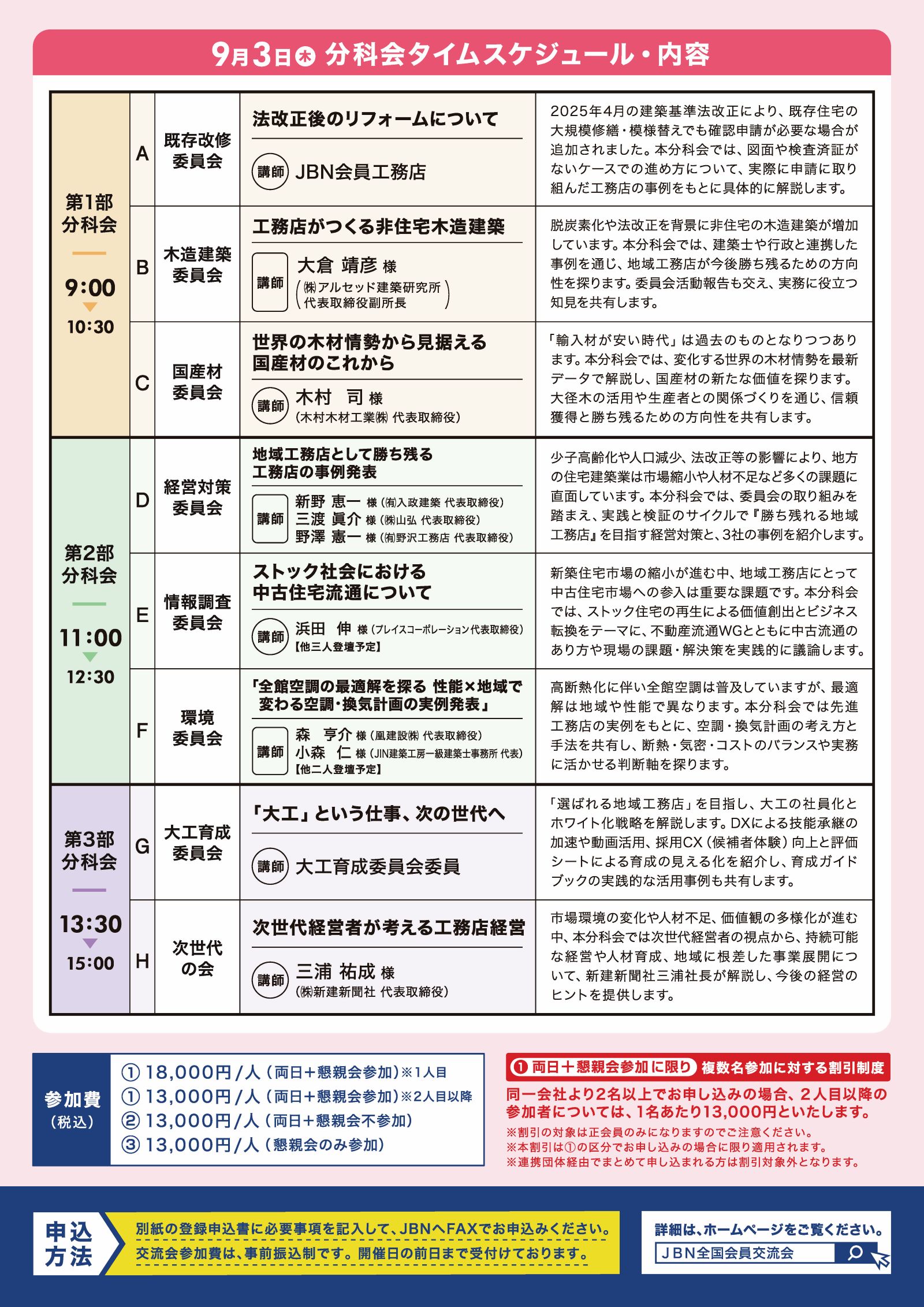 JBN全国会員交流会2026の9月3日に予定された分科会AからHのテーマ・講師・時間帯を掲載した一覧